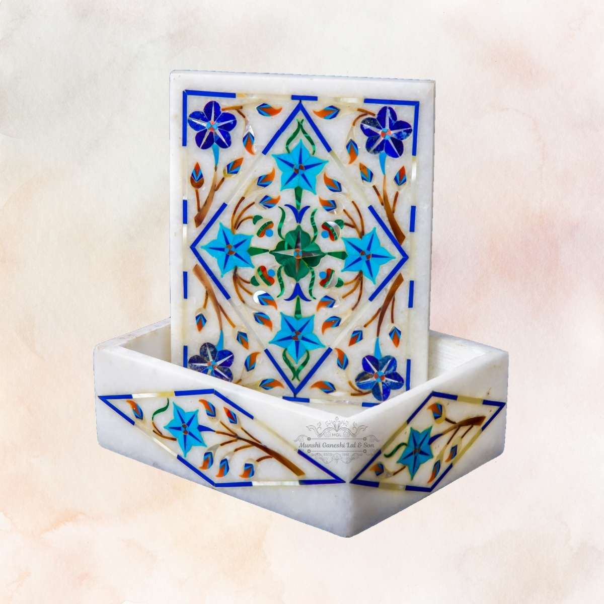 Blue-Green-Sky Blue & Golden Colour Designed White Marble Jewellery Box